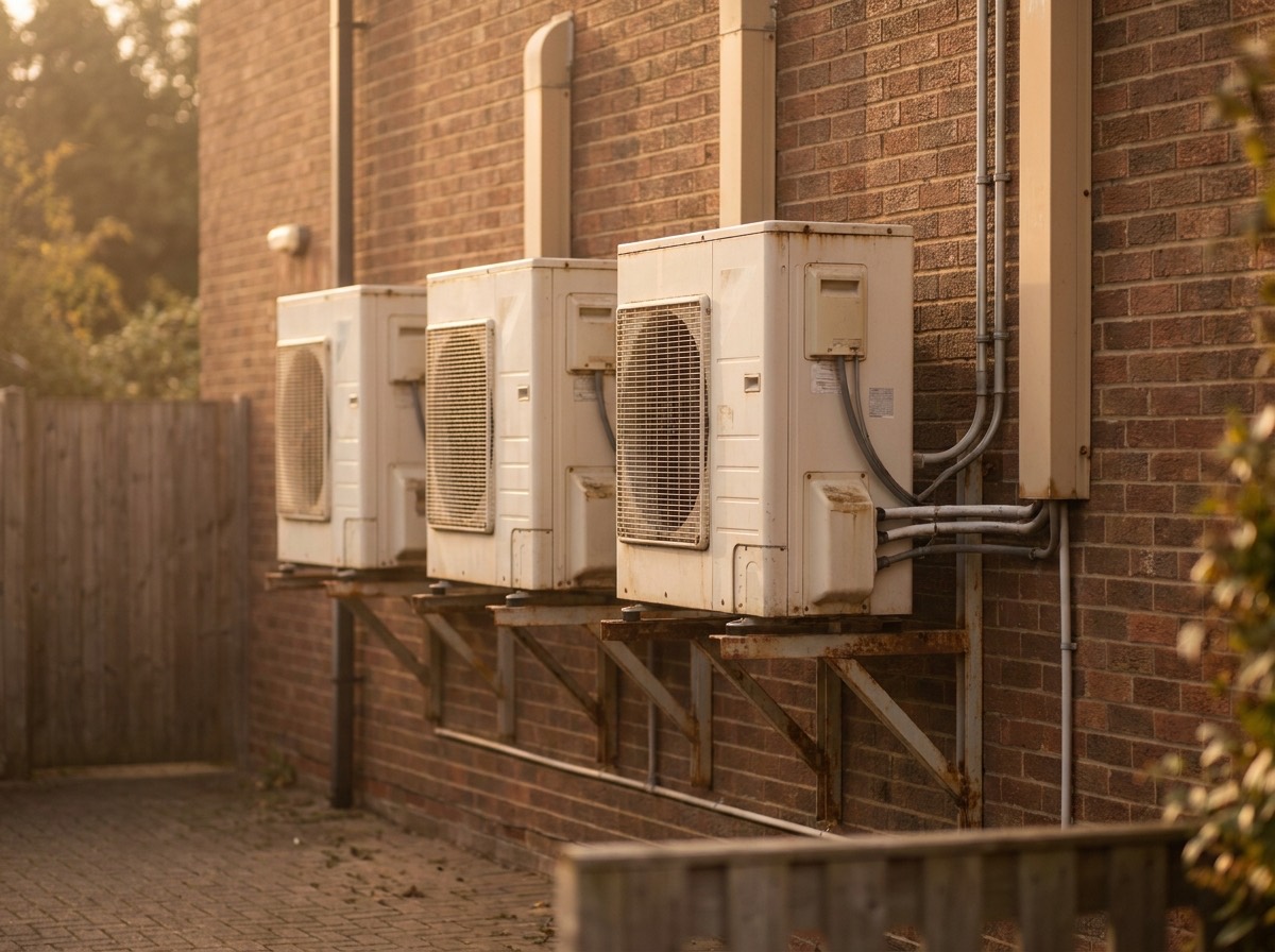 Several outdoor split air conditioning condenser units mounted on a brick wall