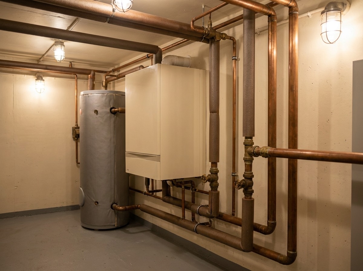 A commercial boiler and calorifier with lagged pipework in a plant room