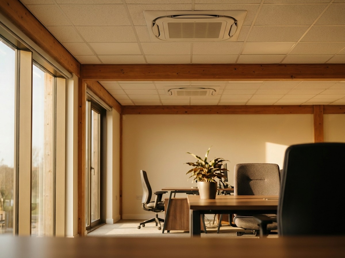 A modern office interior with ceiling air conditioning units and large windows