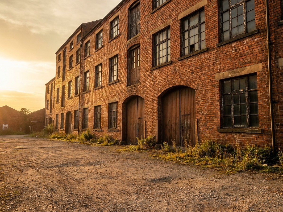 An older brick warehouse exterior in warm light