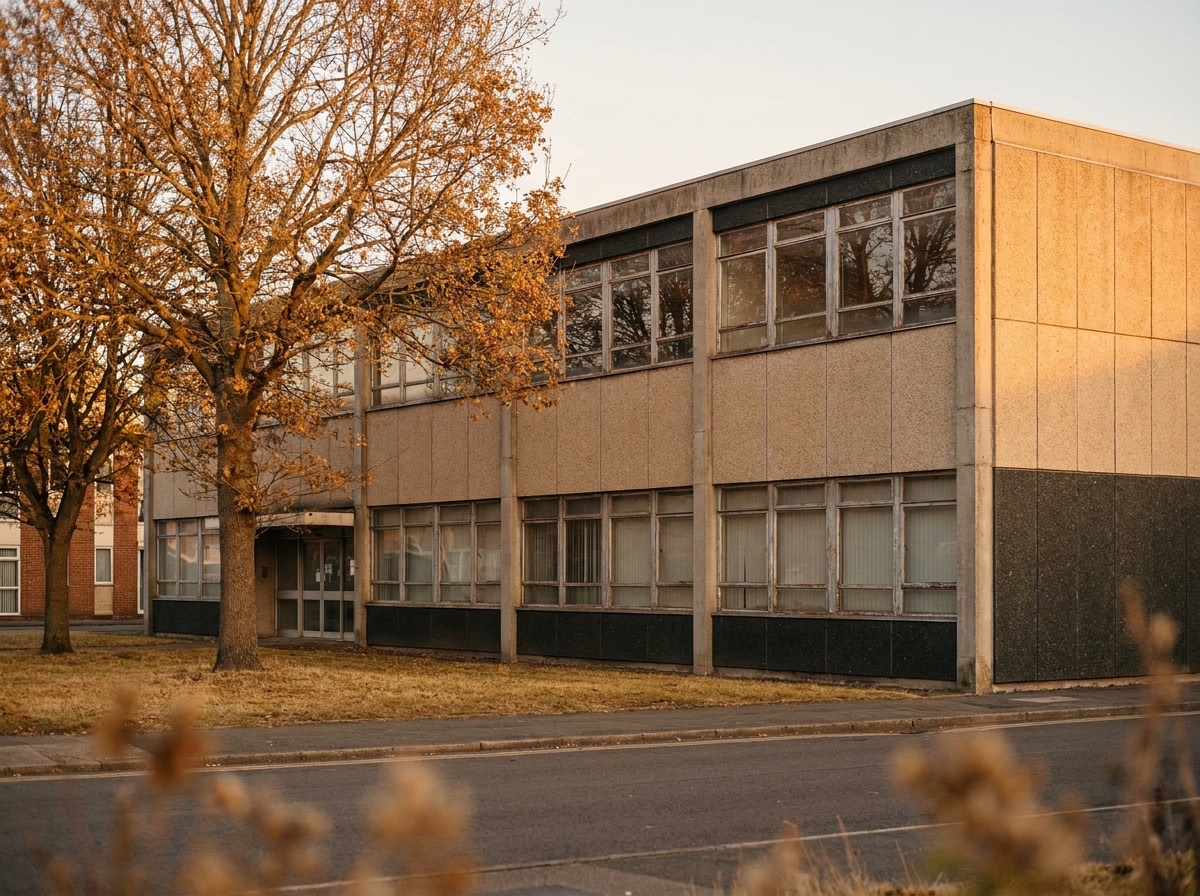 The exterior of a 1960s UK commercial office block in warm light