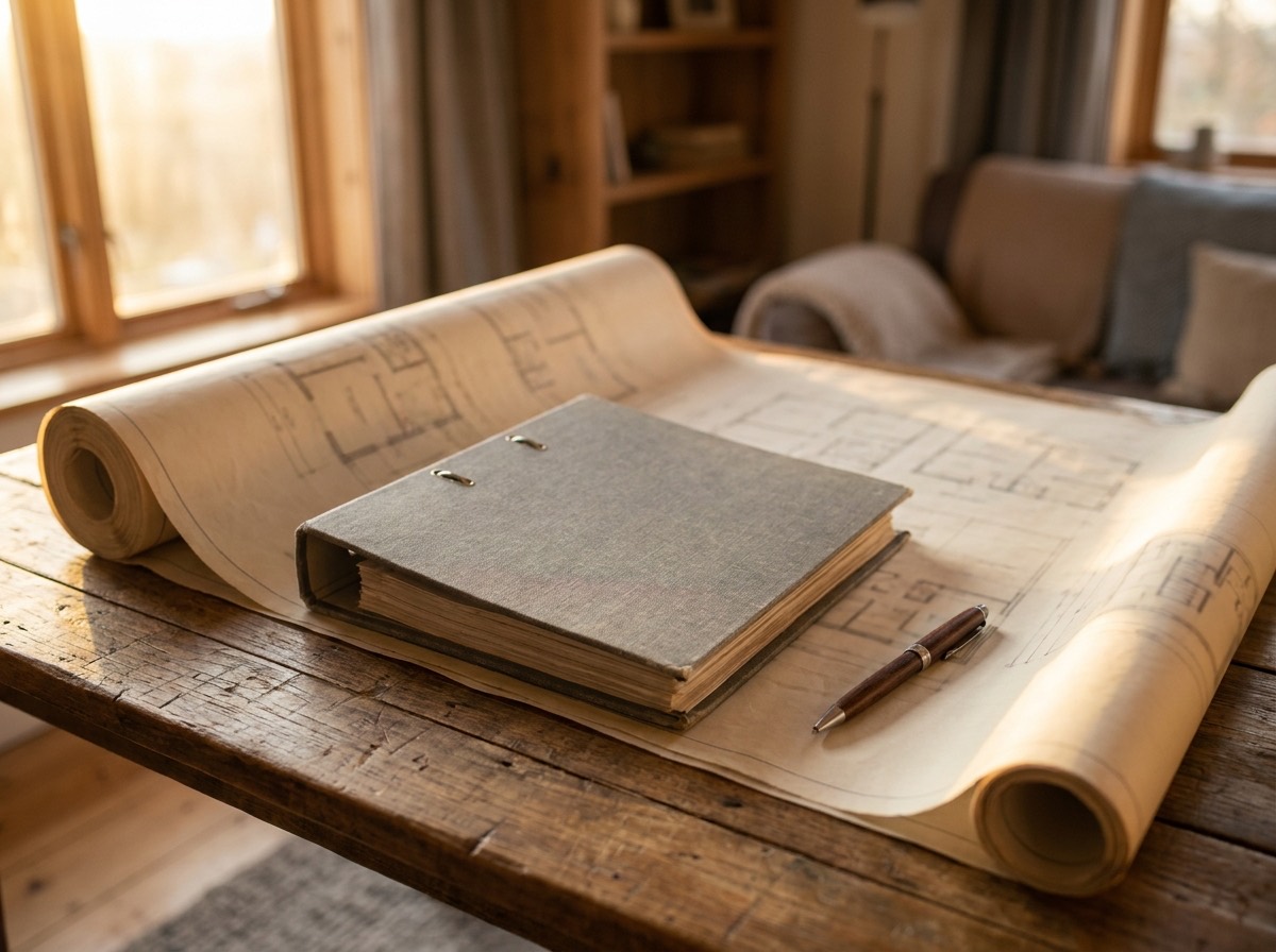 A ring binder and building plans on a desk in warm light