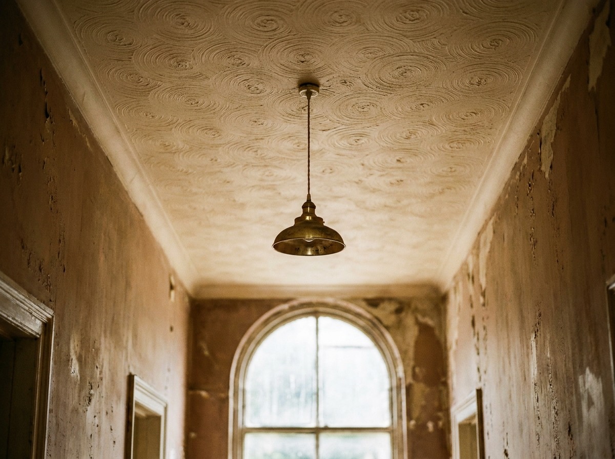 A textured ceiling in the corridor of an older commercial building