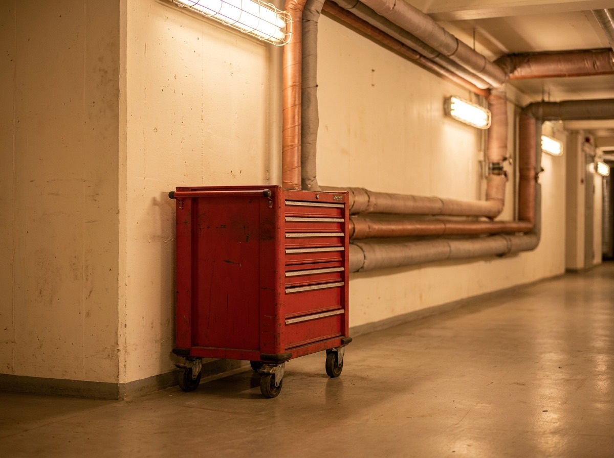 A tidy tool trolley in a commercial building plant corridor