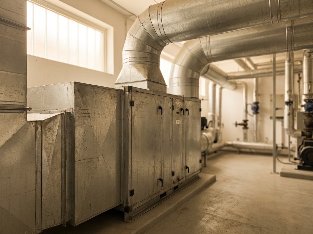 An air-handling unit inside a commercial building plant room