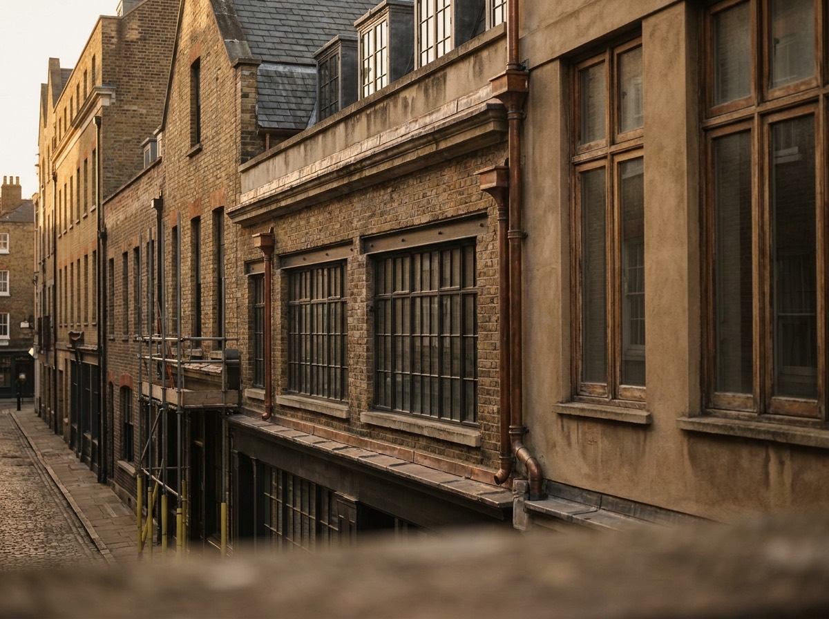 Detail of a commercial building facade and roofline being assessed in warm light