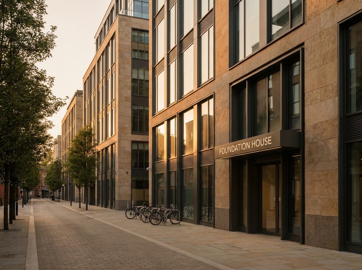 Commercial office building exterior at golden hour