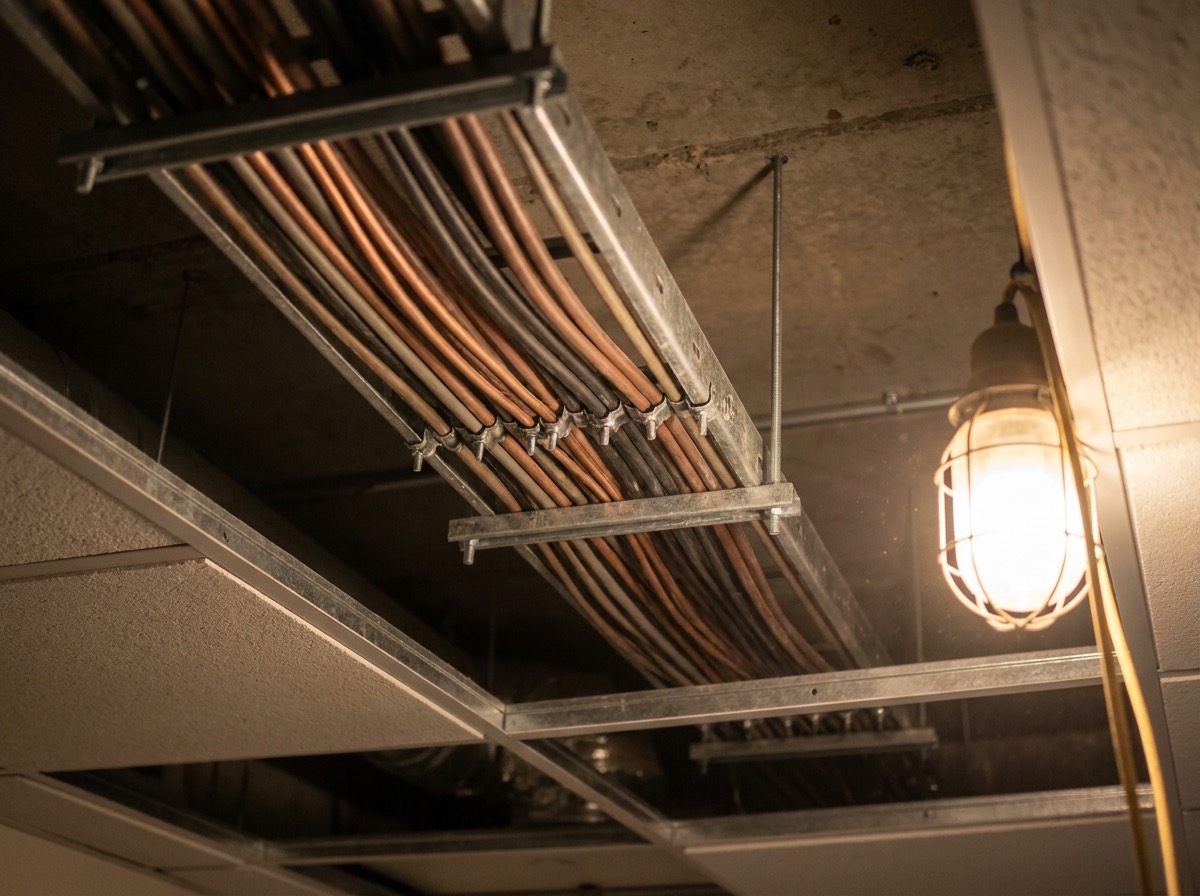 Neatly dressed cabling on a cable tray in a commercial building ceiling void