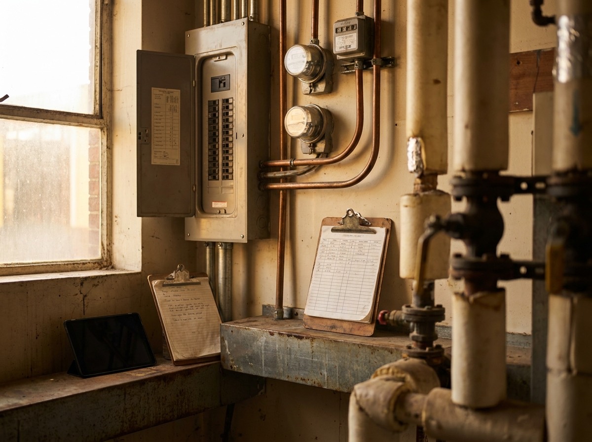 Commercial building services and metering with a clipboard mid-assessment in warm light