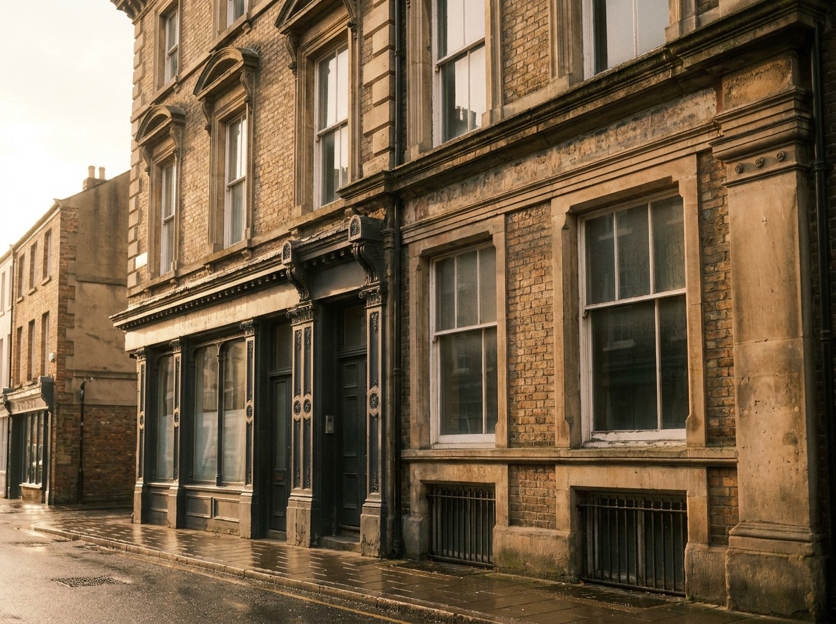 A handsome older UK commercial building with sash windows on a street at golden hour