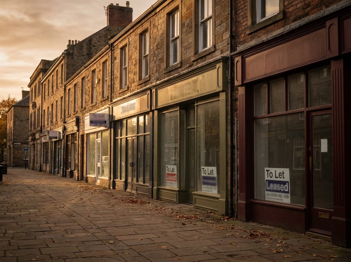 UK commercial high street of let units and small offices at golden hour