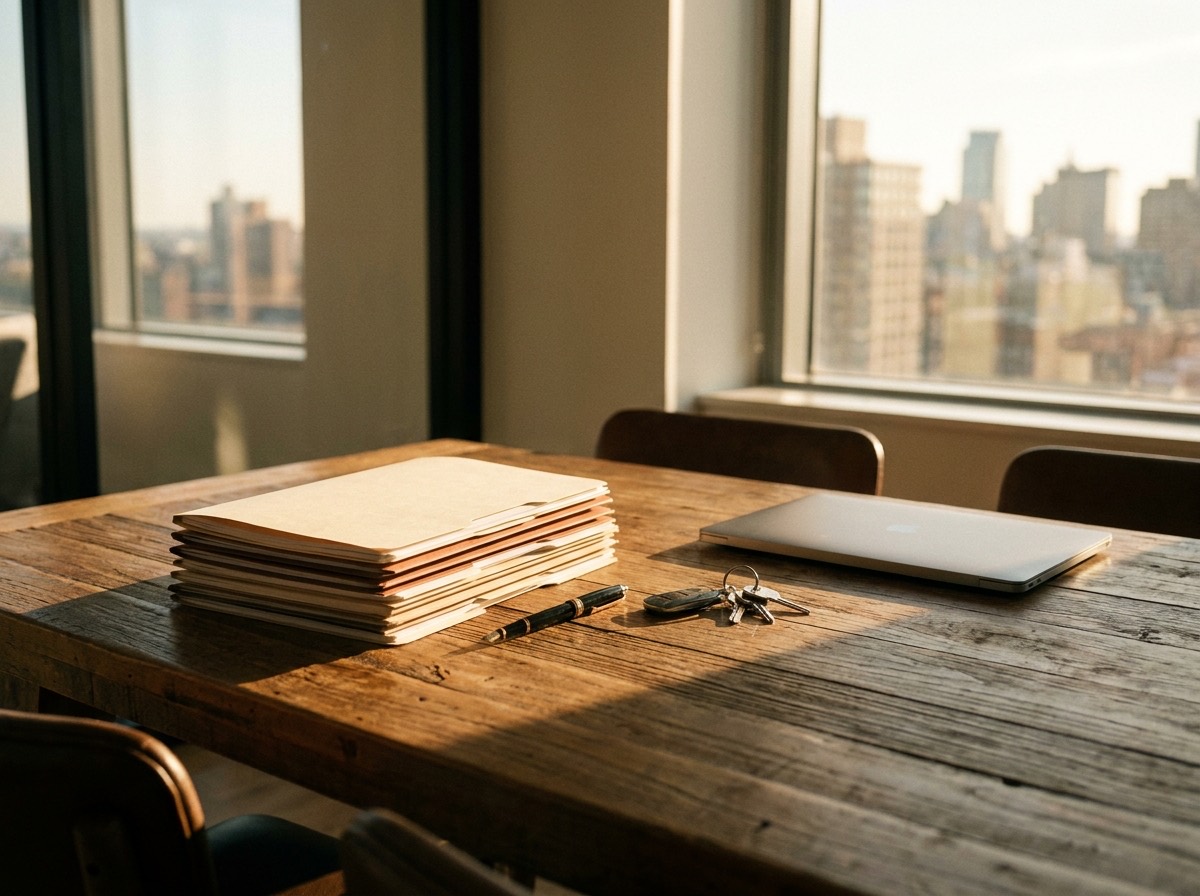 A commercial lease document, pen and keys on a sunlit meeting-room table