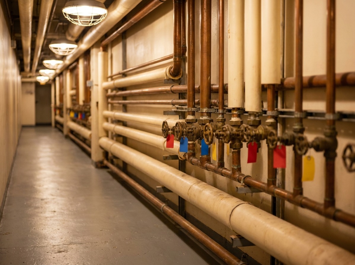 A commercial building services corridor with neatly labelled valves and pipework