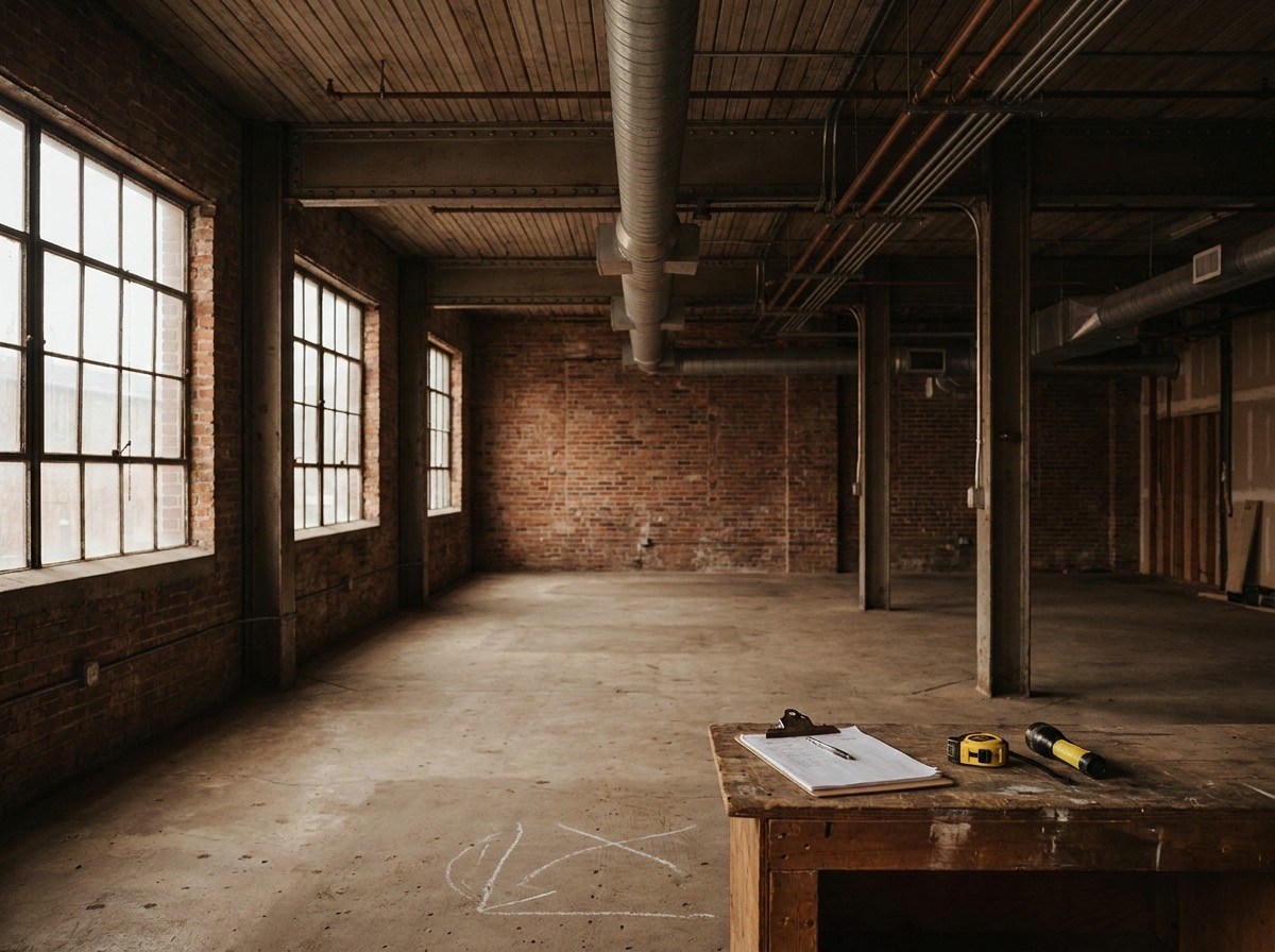 Interior of a commercial unit showing exposed structure and services being inspected