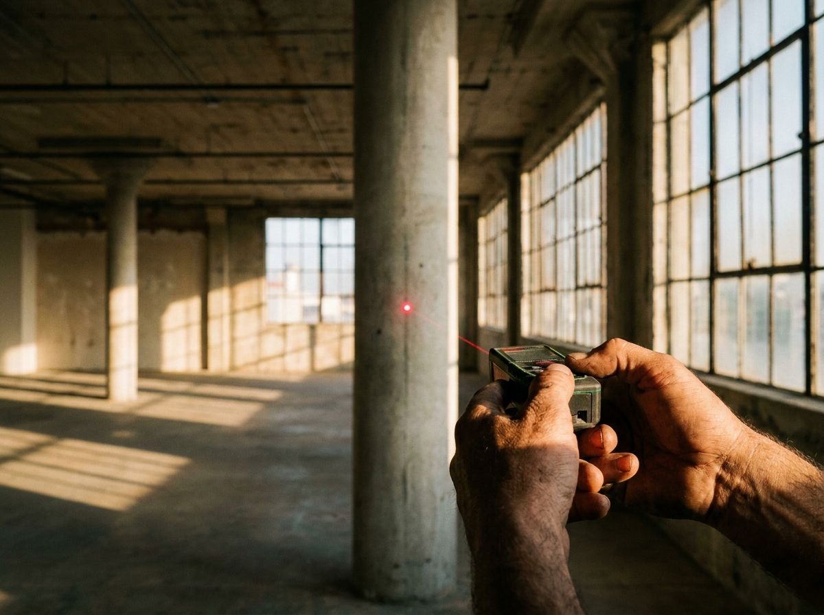 A surveyor using a laser distance measure inside an empty open-plan commercial office floor