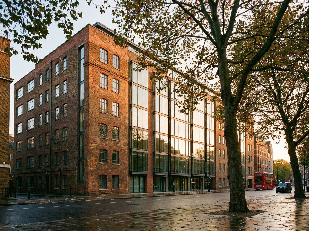 The exterior of a large brick and glass commercial office building on a UK city street in evening light