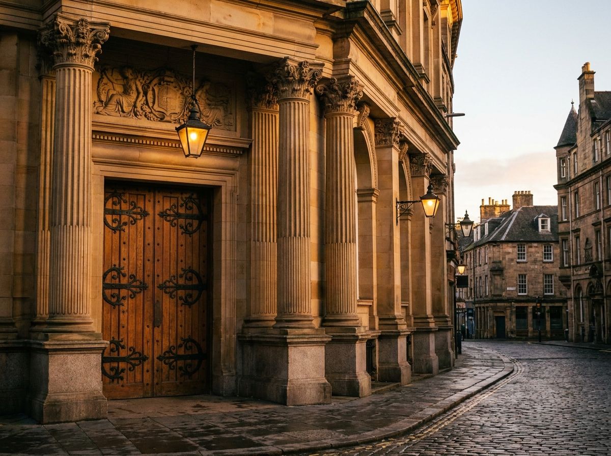 The stone entrance and columns of a traditional British bank building on a city street