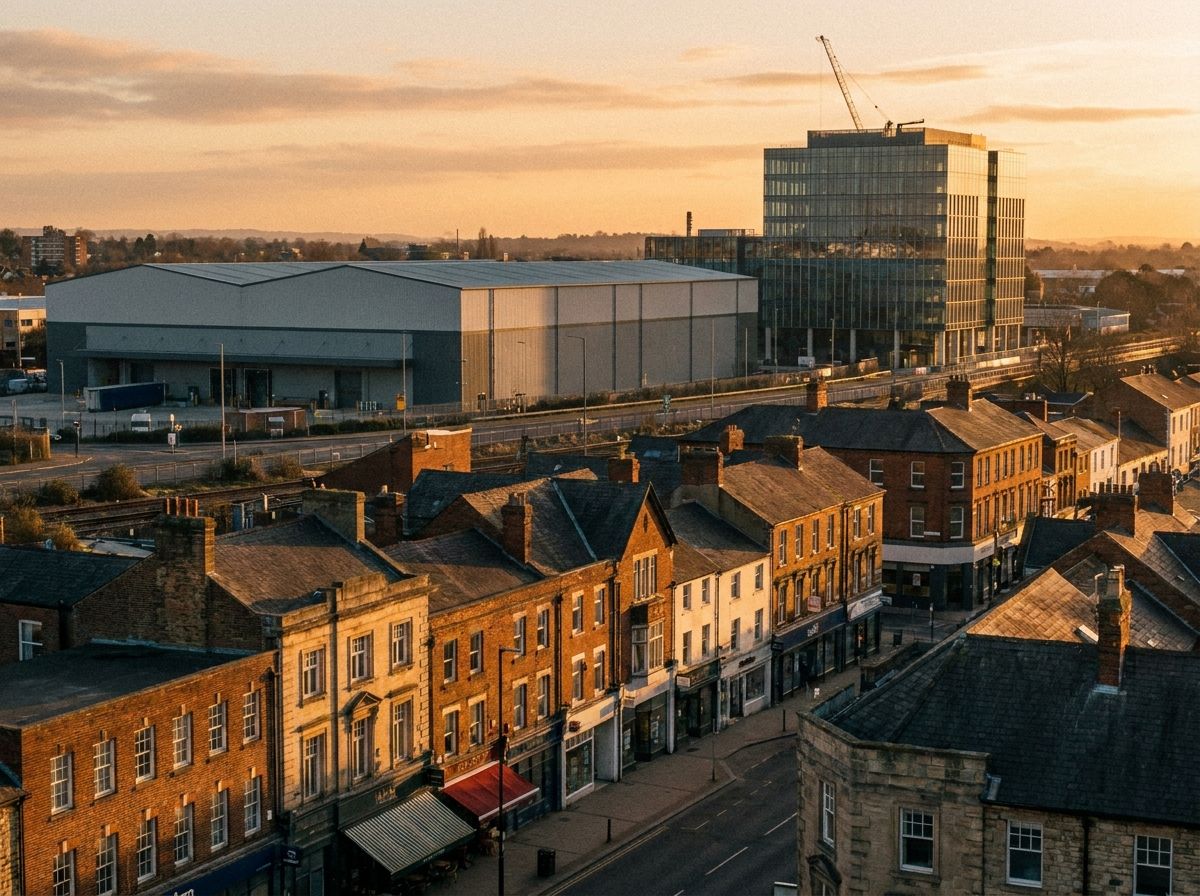 A UK street scene showing different commercial building types including shops, a warehouse and an office block