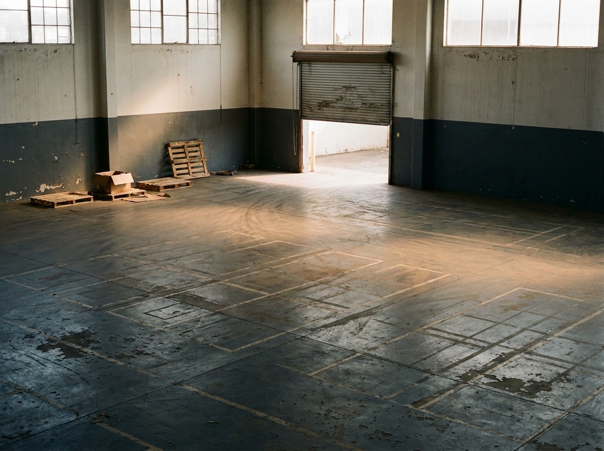 Worn, vacated industrial commercial unit at lease end