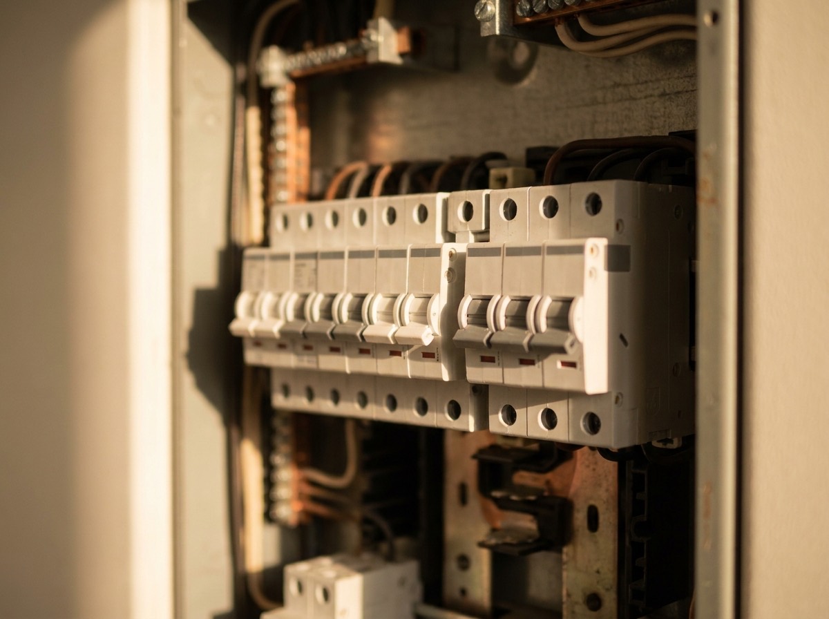 Close-up of a row of circuit breakers in a commercial distribution board