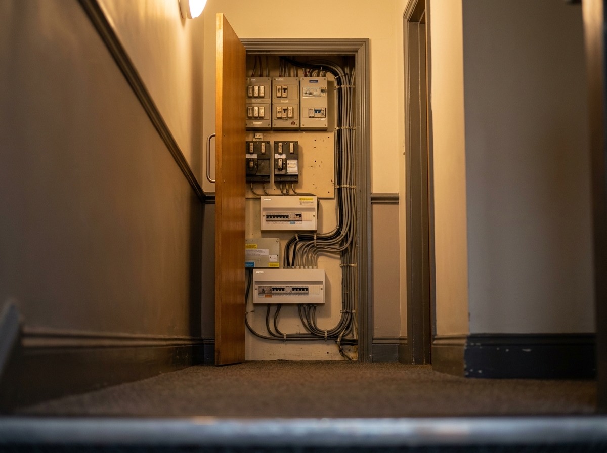 An electrical riser cupboard in a multi-let commercial office building
