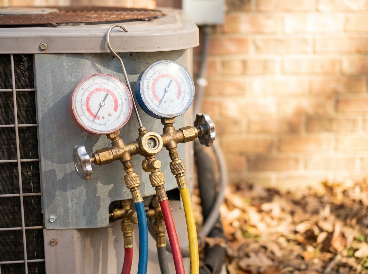 A refrigerant gauge manifold connected to an air conditioning unit