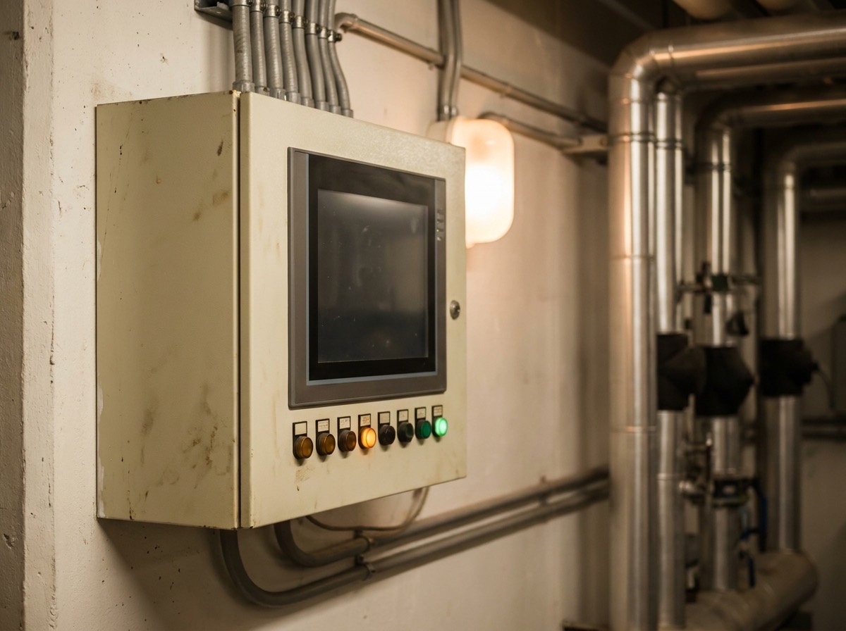 A building management system panel in a commercial plant room