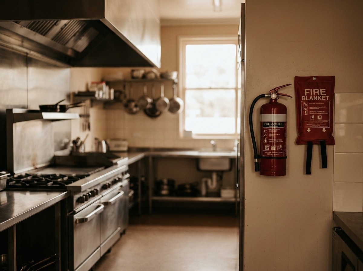 A commercial kitchen with a fire extinguisher and fire blanket mounted on the wall