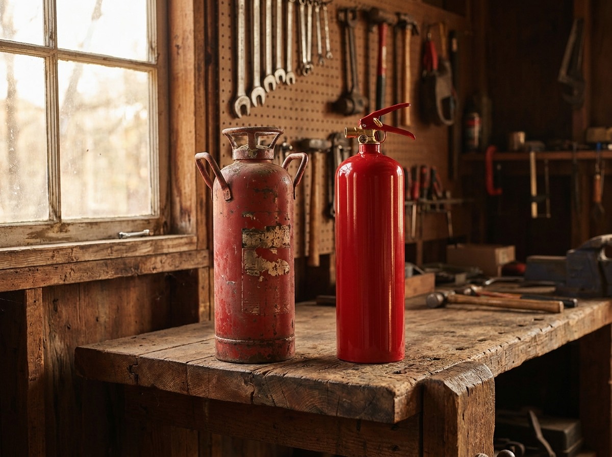 An older fire extinguisher beside a new one on a workshop bench