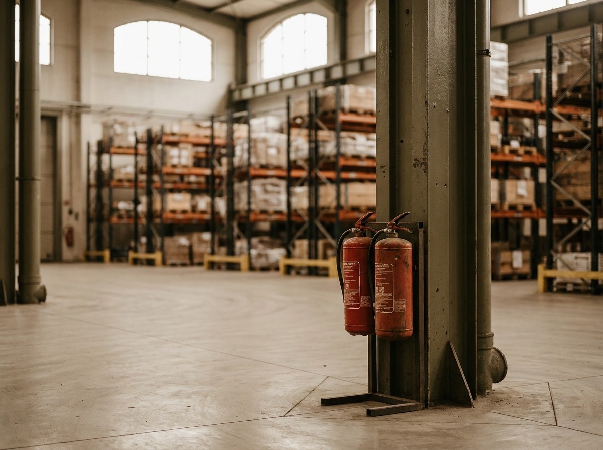 A row of red fire extinguishers on a stand in a commercial warehouse