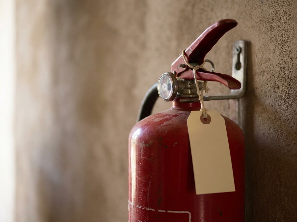 Close-up of a red fire extinguisher with a pressure gauge and a plain service tag