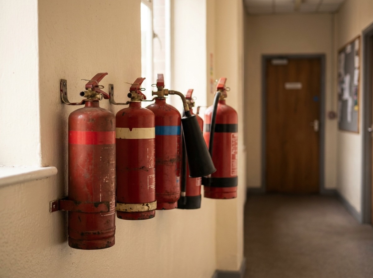 A set of fire extinguishers of different types with coloured bands lined up on a wall