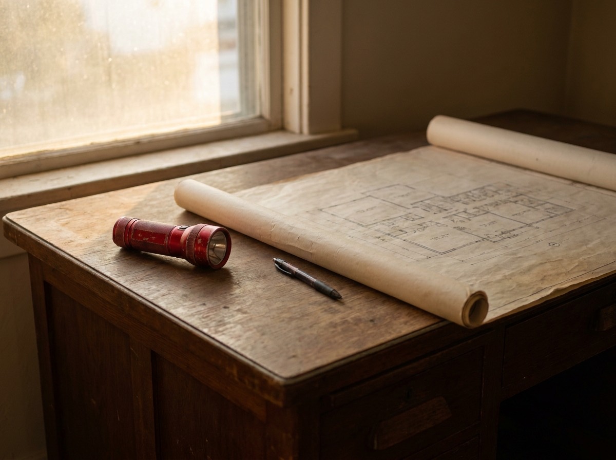 A building floor plan and a torch on a desk in warm light