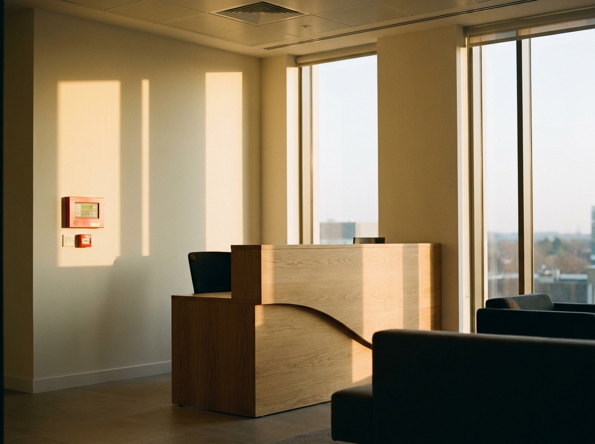 A commercial office reception with a fire alarm panel and call point on the wall