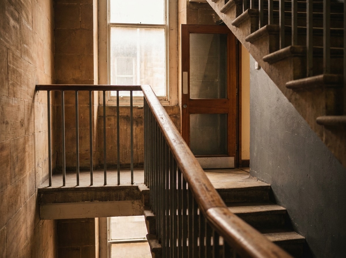 A shared stairwell in a multi-let commercial office building