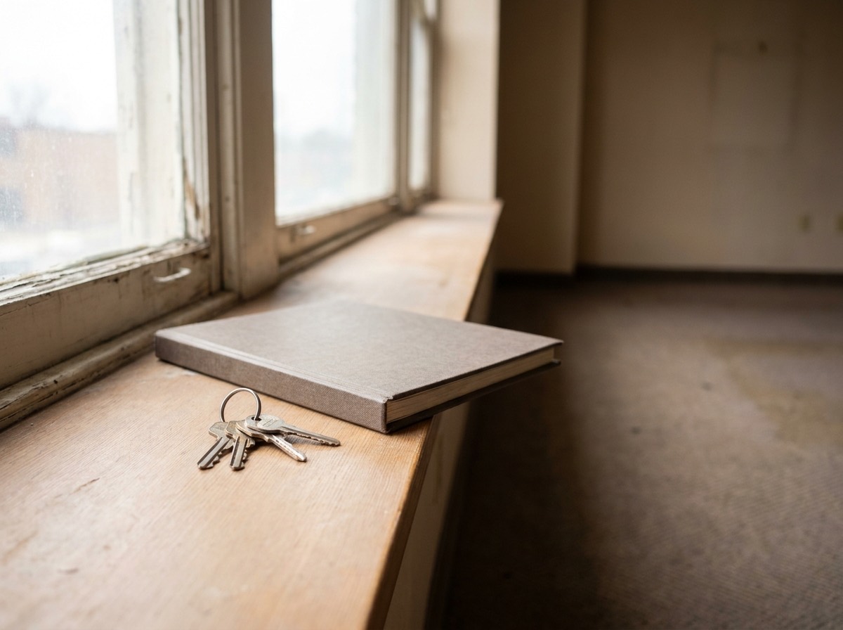Keys and a lease folder on the windowsill of an empty commercial office
