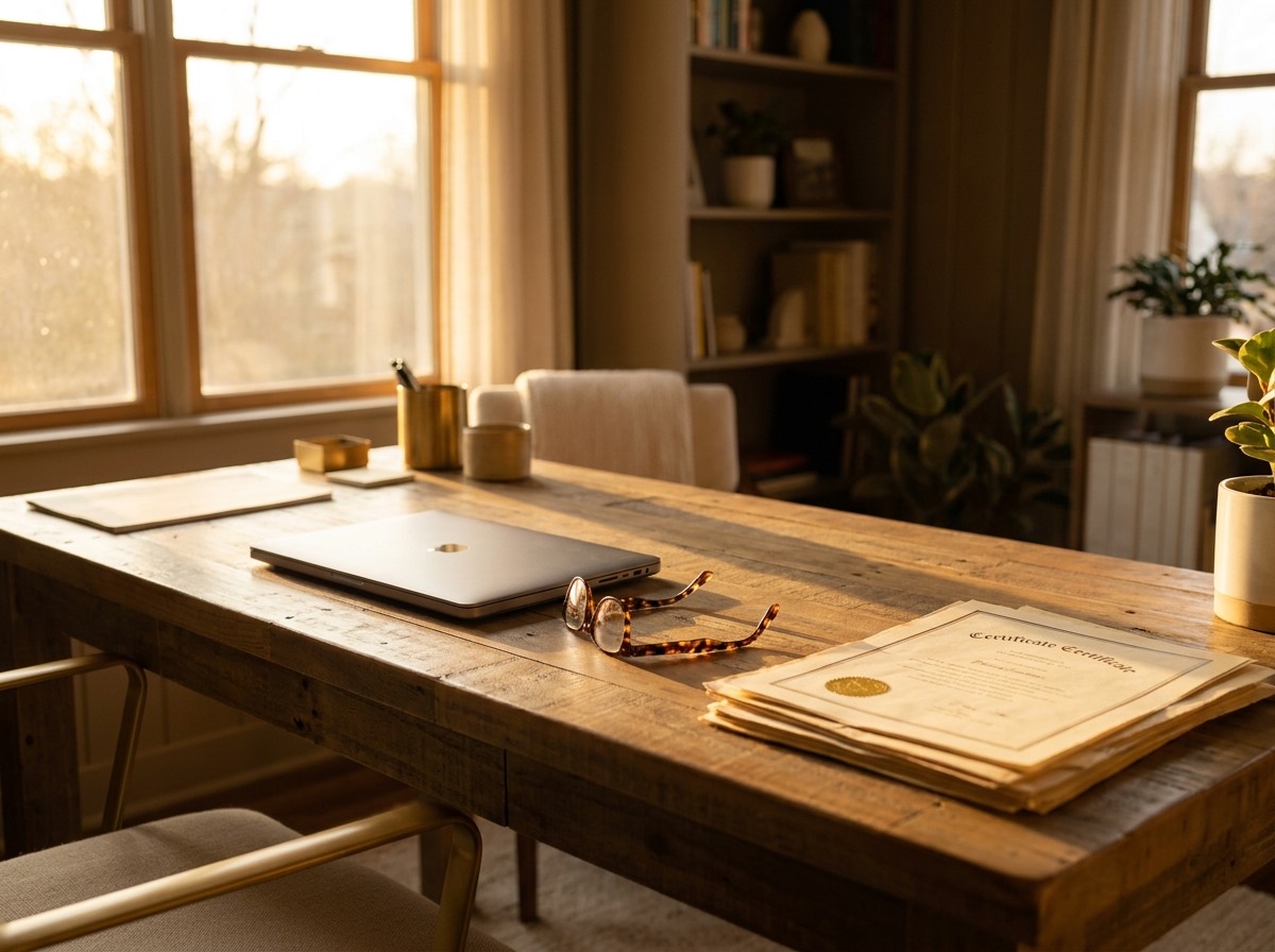 A document and glasses on a sunlit office desk by a large window