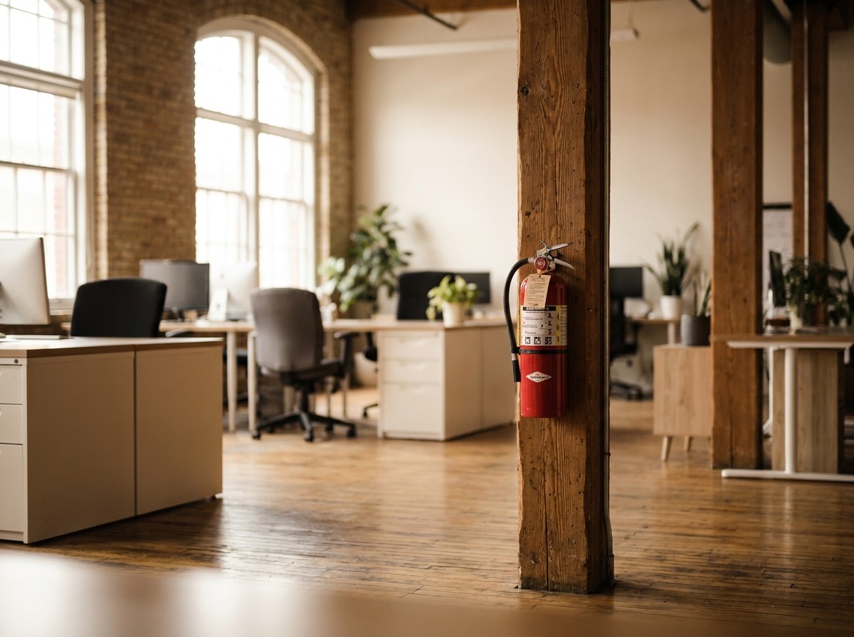 An open-plan office with a fire extinguisher mounted beside a structural column