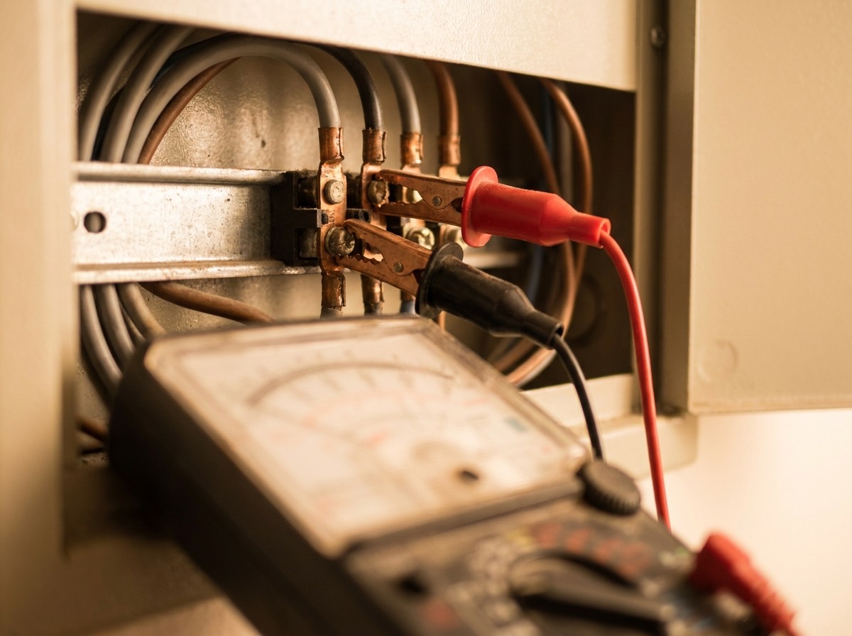 Electrical test instrument leads clipped to a distribution board