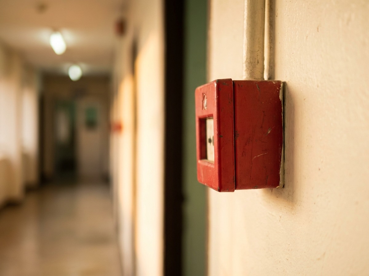 A red fire alarm call point on a cream wall in a commercial building