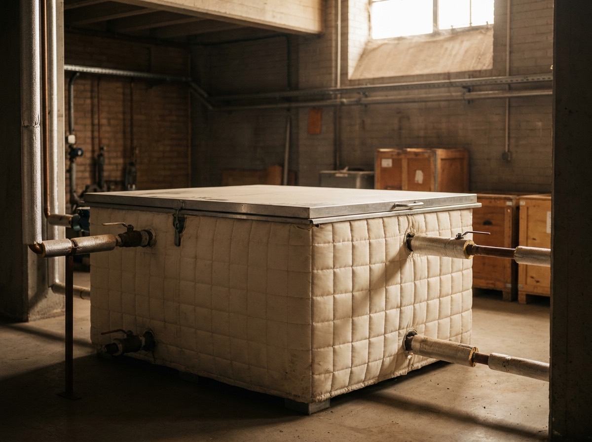 A cold water storage tank in a commercial building plant room