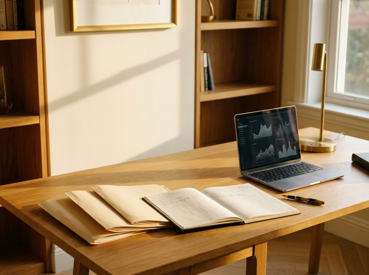 A tidy desk with several document folders and a laptop, as if comparing professional quotes in warm light