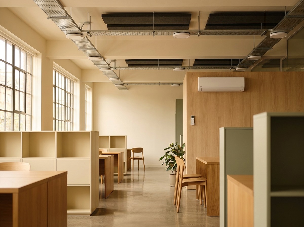 Modern efficient LED lighting and clean building services in a commercial interior