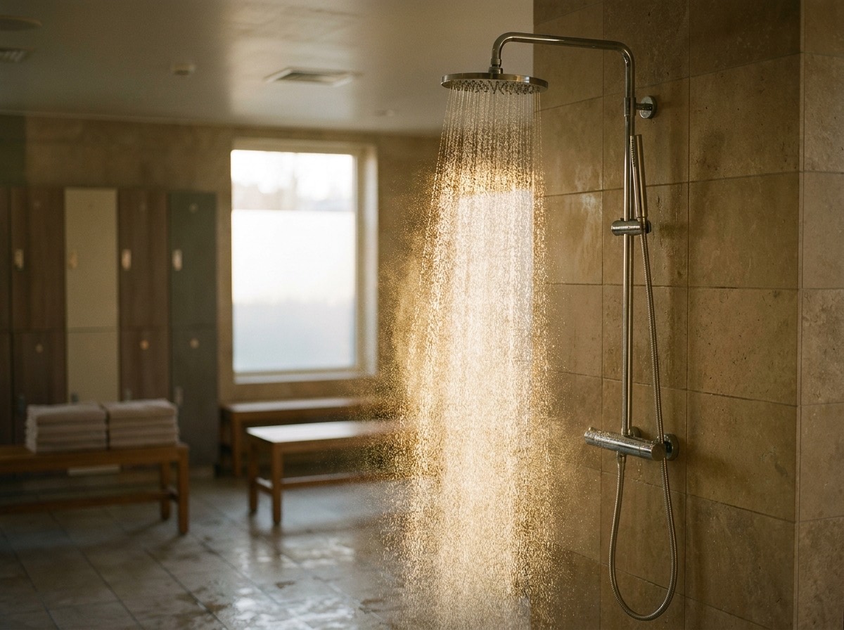 A shower head in a commercial changing room