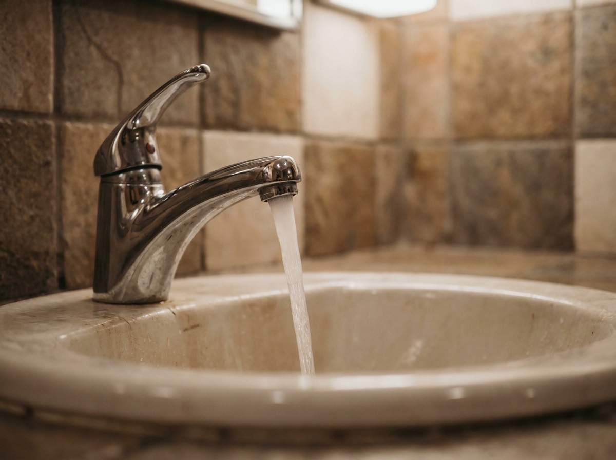 A running tap in a commercial washroom