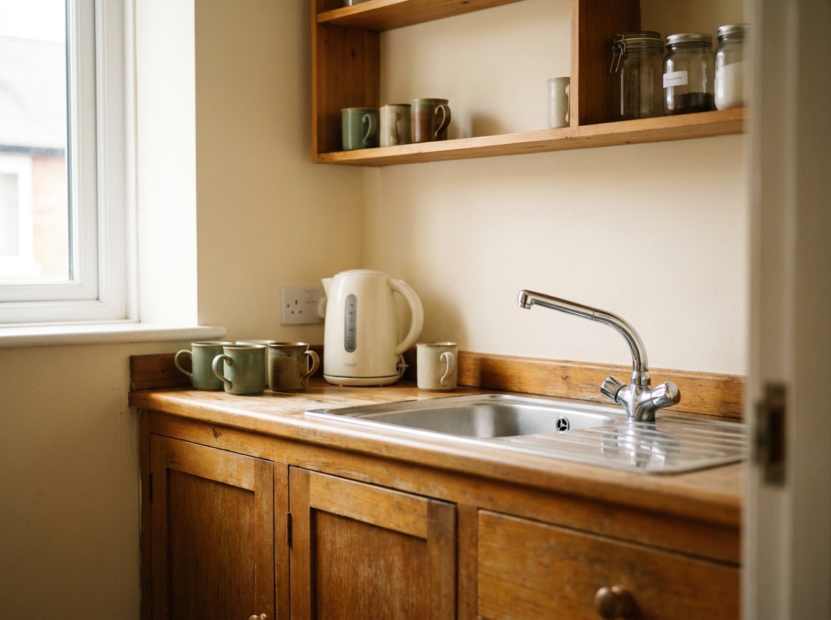A small office kitchenette with a sink and kettle in warm light