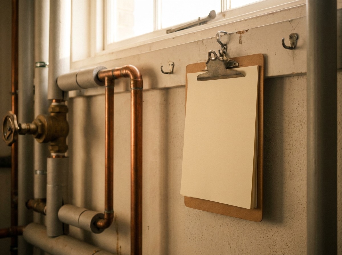 A clipboard hanging beside pipework in a commercial plant room