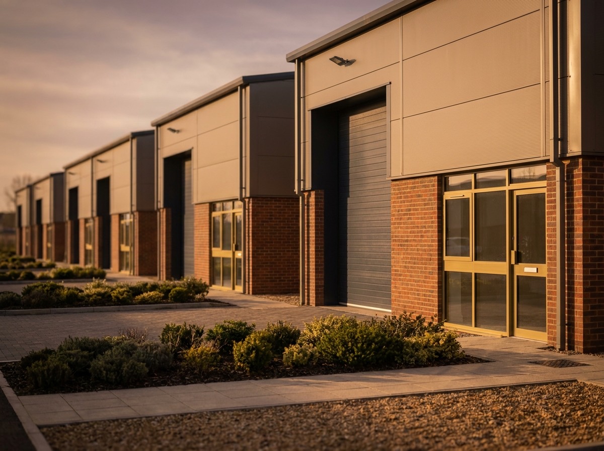 A row of similar commercial units on a UK business park in warm light