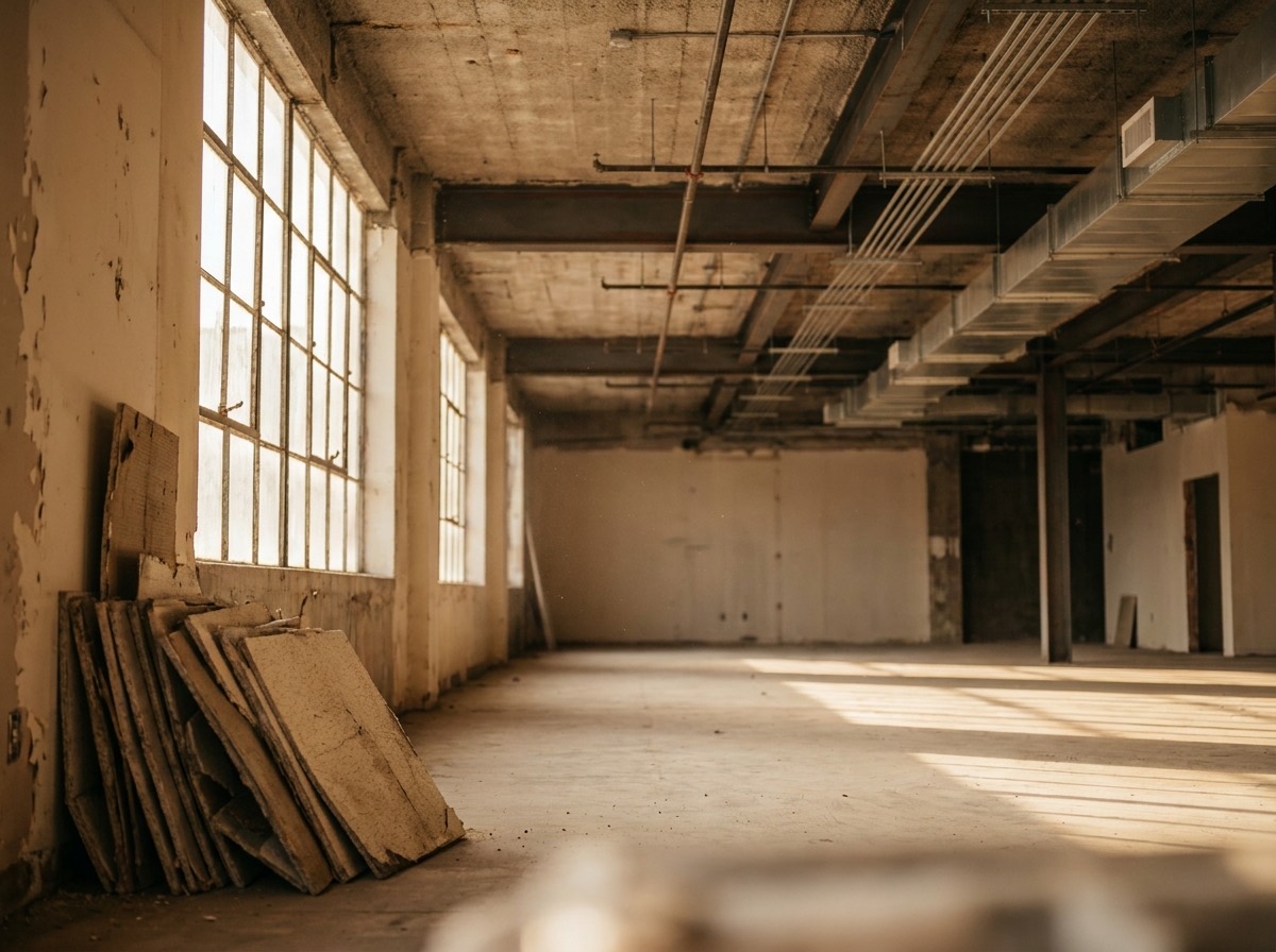 A stripped-back commercial interior under refurbishment with the ceiling exposed