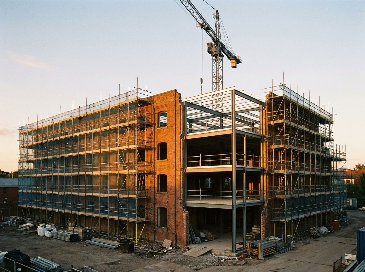 A brick commercial building under reconstruction, wrapped in scaffolding with a new steel frame visible
